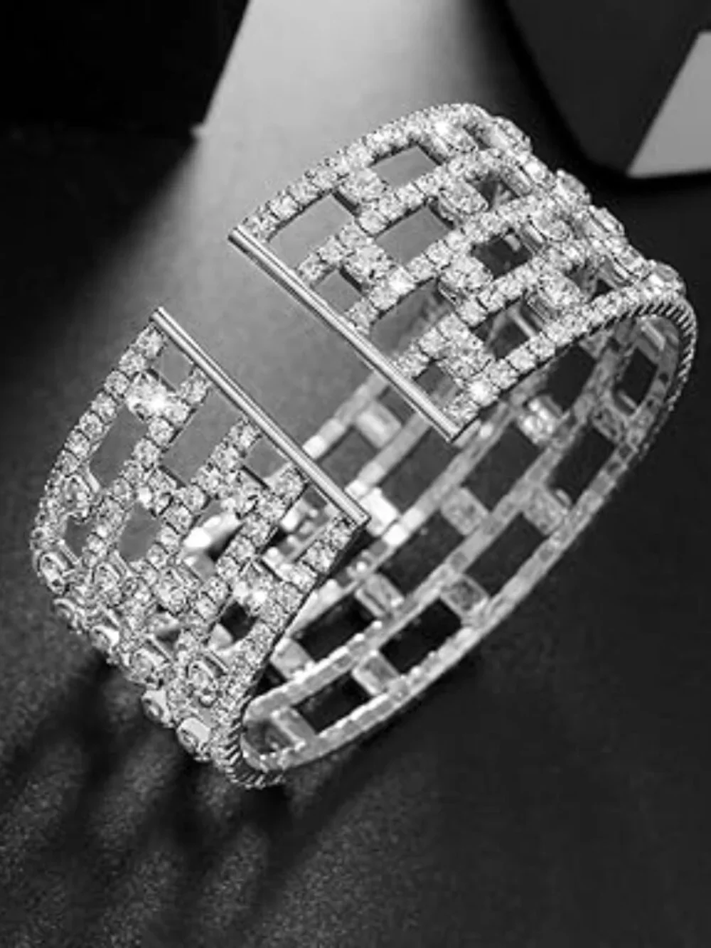 Multi Layer Crystal Cuff Bracelet Silver Tone  Lots of Rhinestones‎
